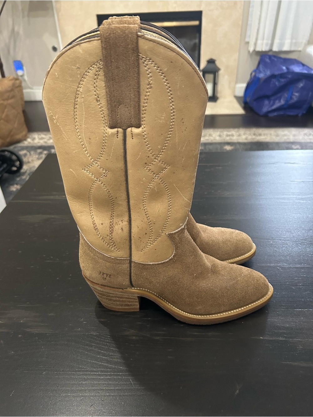 Frye Two-Tone Tan Suede Western Booties